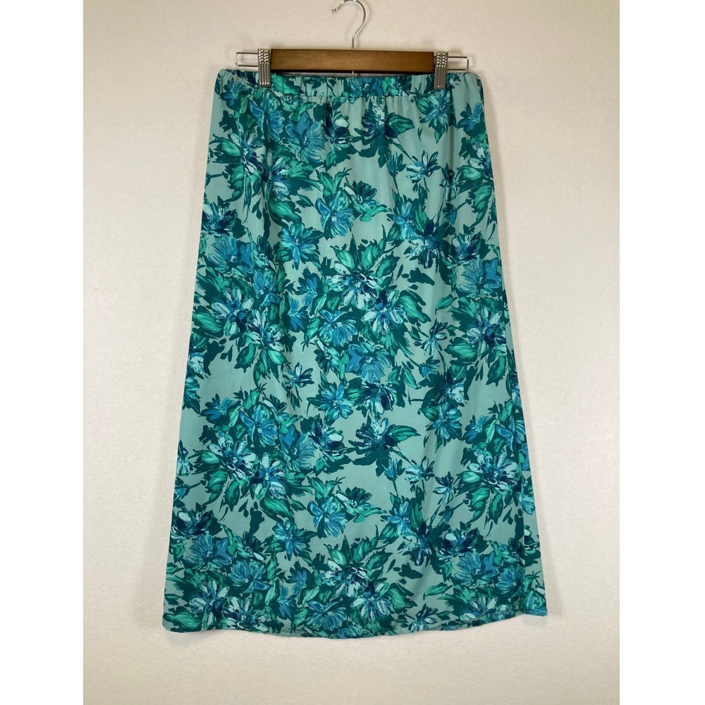 Floral Cottagecore Blair Women Size S Teal Green Midi‎ Skirt Elastic Waist Slit